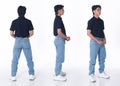 Full length Figure snap of 20s Asian Tanned skin man black hair shirt, jeans, sneaker shoes isolated