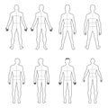 Full length front, back man outlined silhouette set with marked