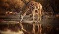 A full length giraffe standing at a waterhole in Africa wilderness generated by AI Royalty Free Stock Photo