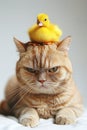 Full length of gloomy cat with little duck on head, looking at camera frowning. Royalty Free Stock Photo