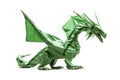 Full-length green paper dragon isolated on white background. A green dragon, a mythical creature, made of paper. Symbol