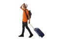 Full length happy african american male traveler walking with suitcase against isolated white background Royalty Free Stock Photo