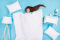 Full length high angle top above flat lay view photo of funny shocked lady lying floor pillow blanket comfy bedroom bed