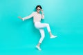 Full length hoto of pretty lady stylish clothes hand touch eyewear enjoy weekend relax rest empty space isolated on cyan