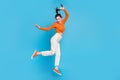 Full length image lady have fun dancing enjoy summer vacation holiday isolated on blue color background