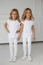 Full length image of a two twin sisters in white clothes holding hands isolated on a white background. Vertical view Royalty Free Stock Photo