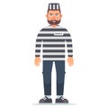 Full-length isolated prisoner in striped clothing on a white background.