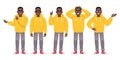 Full-length man is a set of characters. The black guy is standing in anger, pointing at something, sad, wearing glasses. A young