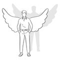 Full length of man standing with wings on his back vector illustration sketch doodle hand drawn with black lines isolated on white Royalty Free Stock Photo