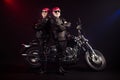 Full length photo of aged bikers man lady couple drive chopper travel feel young rock moto festival arms crossed stand Royalty Free Stock Photo