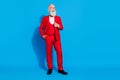 Full length photo of aged business man serious confident hand in pocket dandy look empty space isolated over blue color