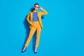 Full length photo of attractive business lady successful worker hold hand vision reading spectacles wear yellow blazer Royalty Free Stock Photo