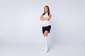 Full length photo of attractive lady arms crossed self-confident skilled player soccer women team wear football uniform