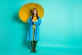 Full length photo of attractive lady good mood rainy weather walk street puddles hold big umbrella enjoy nice day wear