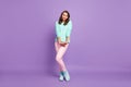 Full length photo of beautiful wavy lady flirty good mood coquettish look shy person wear teal pastel fluffy pullover
