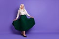 Full length photo of candid content old woman touching her glamour lady skirt enjoy walk over vibrant color