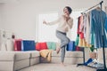 Full Length Photo Of Charming Funky Woman Dance Living Room Garment Shopper Weekend Indoors Inside House