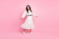 Full length photo of charming stunning young lady wear long white dress feminine isolated on pink color background