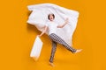 Full length photo of cheerful lady blanket flying above head playful mood dancing energetic morning wear mask white t Royalty Free Stock Photo
