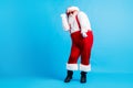 Full length photo of cool funky fat santa claus with big belly beard dance x-ma christmas fairy disco wear suspenders