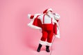 Full length photo crazy fat white grey hair beard santa claus big belly sing mic song enjoy x-mas christmas jolly party