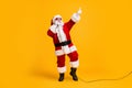 Full length photo of crazy overweight santa claus sing microphone christmas x-mas song on noel party wear headwear cap Royalty Free Stock Photo