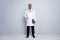 Full length photo of doctor intern dark skin guy good mood friendly smiling patients virology department test papers