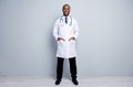 Full length photo of doctor intern dark skin guy good mood friendly smiling to patients virologist search disease test