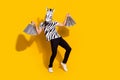 Full length photo of excited weird guy in zebra mask raise bags up dance isolated over bright yellow color background