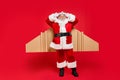 Full length photo of funky retired santa claus ready to start travel journey air flight correct his craft aviation Royalty Free Stock Photo