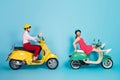Full length photo funky two people rider have motor bike vacation girl sit chopper fellow guy make photo smartphone wear