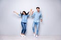 Full length photo of funny guy and lady chilling at disco party dancing throwing hair air wear casual jeans clothes Royalty Free Stock Photo