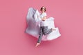 Full length photo of funny lady jump high hold pillow blanket flight slumber party girls night wear sleep mask white t