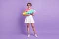 Full length photo of girl hold pump pistol cool look camera wear striped t-shirt sunglass skirt footwear violet