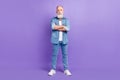 Full length photo of handsome aged man confident serious crossed hands isolated over purple color background