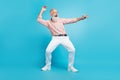 Full length photo of handsome aged man happy positive smile dancer club disco isolated over blue color background