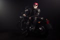 Full length photo of old cool man biker sit chopper engine enjoy fast speed route vacation trip wear bandanna boots