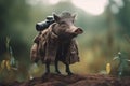 Full length photo portrait of happy warthog wearing travel clothes on vacation, created with Generative AI technology