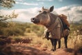 Full length photo portrait of happy warthog wearing travel clothes on vacation, created with Generative AI technology