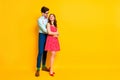 Full length photo positive affectionate girl man spouses hug embrace enjoy wear red dotted dress mini short legs high