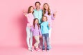 Full length photo of positive harmony dream big full family mom dad with three kids boy girls enjoy togetherness make v Royalty Free Stock Photo