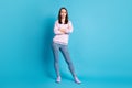 Full length photo of pretty confident bossy lady hold arms crossed manager best worker representative wear casual purple Royalty Free Stock Photo