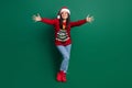 Full length photo of shiny excited girl dressed ugly print red x-mas pullover headwear open arms want hug you isolated