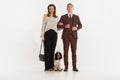 Full length image of two elegant lovely partners posing on white studio background. Young retro man and woman