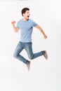Full-length photo of uptight scared man 30s in casual t-shirt an Royalty Free Stock Photo