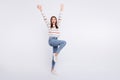 Full length photo of wild lady yelling hooray at student party wear striped pullover isolated white background