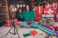 Full Length Photo Of Young Black Woman Happy Positive Smile Shoot Video Blogger Tripod Lamp Tutorial Christmas Winter