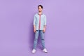 Full length photo of young business man wear casual outfit smart standing isolated over purple color background