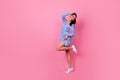 Full length photo of young girl laughing having fun good mood skinny figure isolated on pink color background