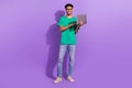 Full length photo of young student guy wear glasses hold laptop studying coding future successful programmer isolated on